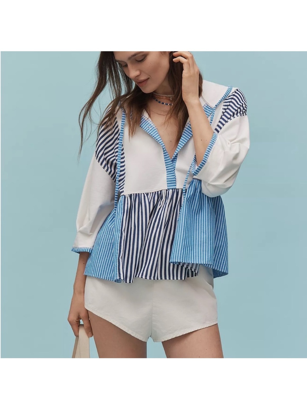 ANTHROPOLOGIE Half-Sleeve Swing Top Hooded Blue White Stripe Size Small